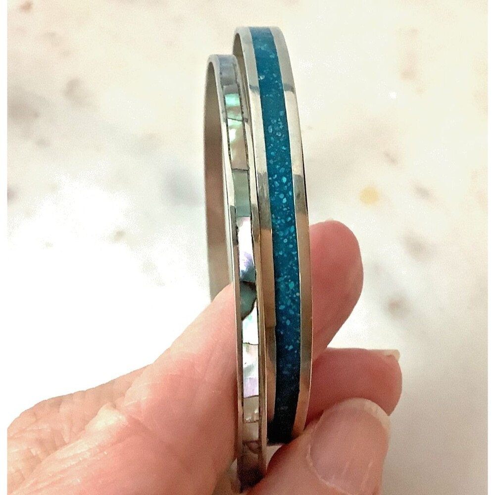 Vintage Mexico Bangles Inlaid Crushed Stones Abalone Alpaca Silver Bracelets